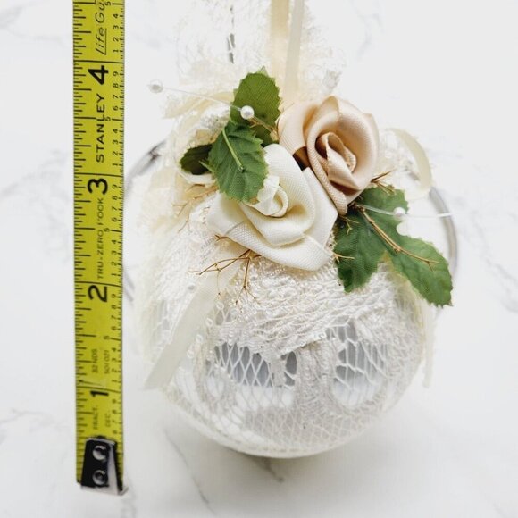 Vintage Handmade Lace Covered Christmas Ball Ornament White Floral Satin Ribbon - Picture 5 of 6